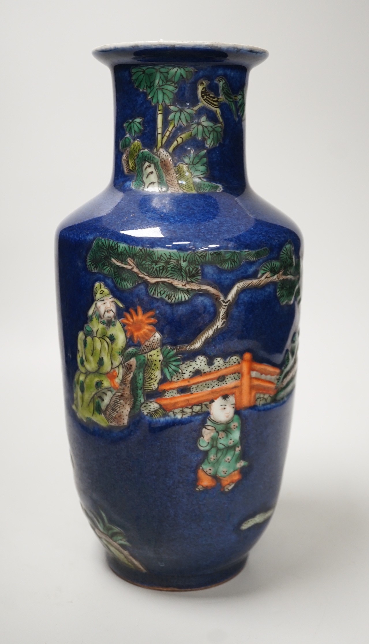 A Chinese powder blue glaze famille verte vase, 31cm